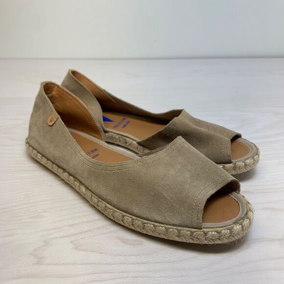 Verbenas Brown Cruz Leather & Suede Espadrille Flats Shoes Size 41 Peep Toe - Picture 1 of 9